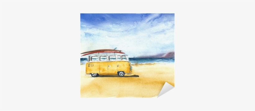 Beach Landscape Minivan Surfboards Yellow Bus Travel - Watercolor Painting, transparent png #2489412