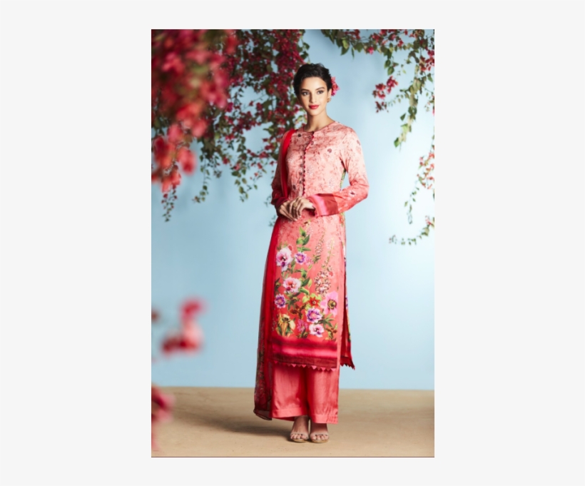 Pink Printed Satin Salwar With Dupatta - Semi Stitched, transparent png #2499109