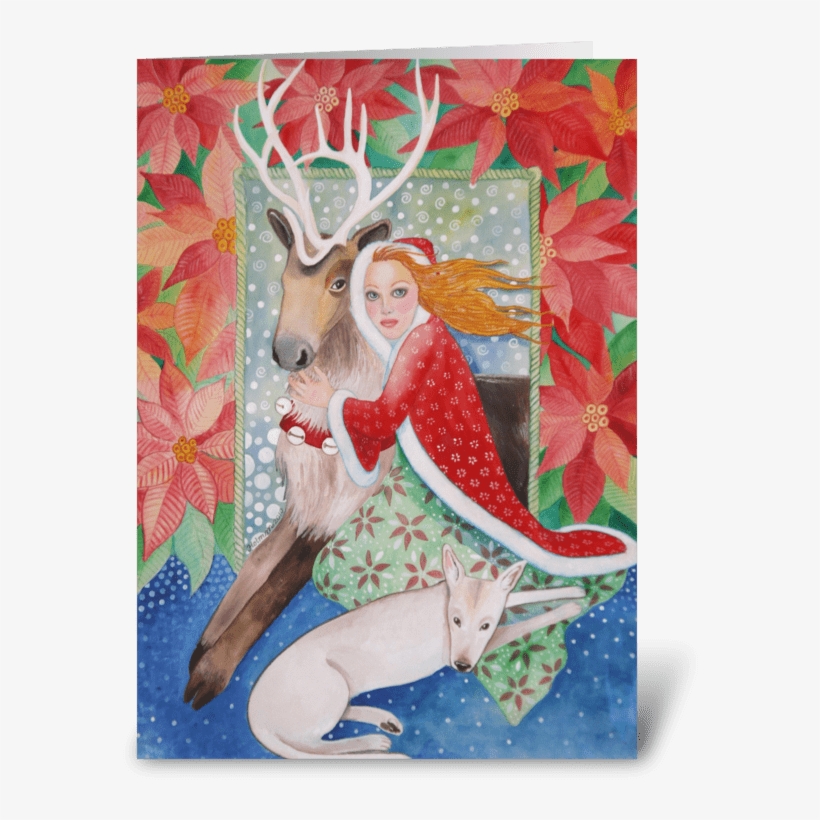 Poinsettias And Reindeer Christmas Greeting Card - Poinsettias And Reindeer Season's Greetings Card, transparent png #254449