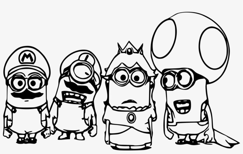 Four Minion Mario Coloring - Super Mario Coloring Pages, transparent png #258627