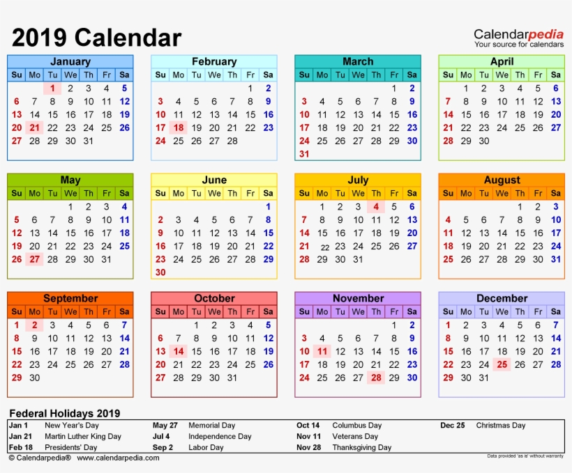 2019 Calendar Png Transparent - 2019 Calendar With Holidays Usa, transparent png #2522900
