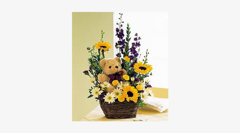 Cute Angle Flower Bunch - Teddy Bear And Flowers In A Basket, transparent png #2523092