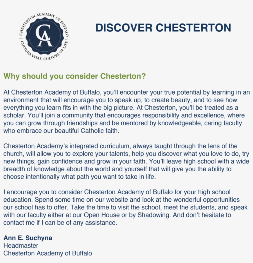 Discover Chesterton Letter - Chesterton Academy Of Buffalo, transparent png #2528822