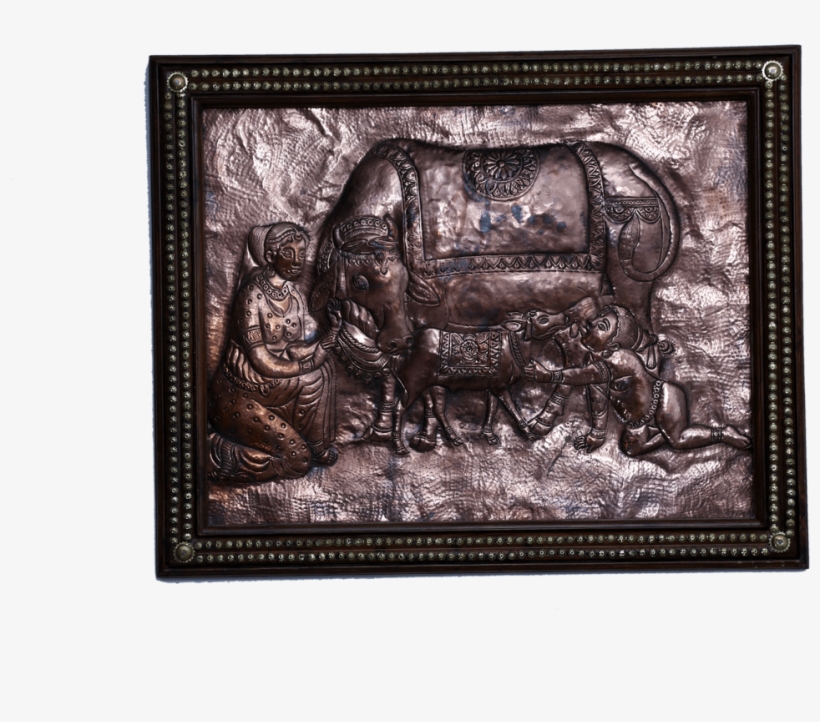 Copper Art Vastu Yashoda Krishna With Cow With Woodenframe - Krishna, transparent png #2550332