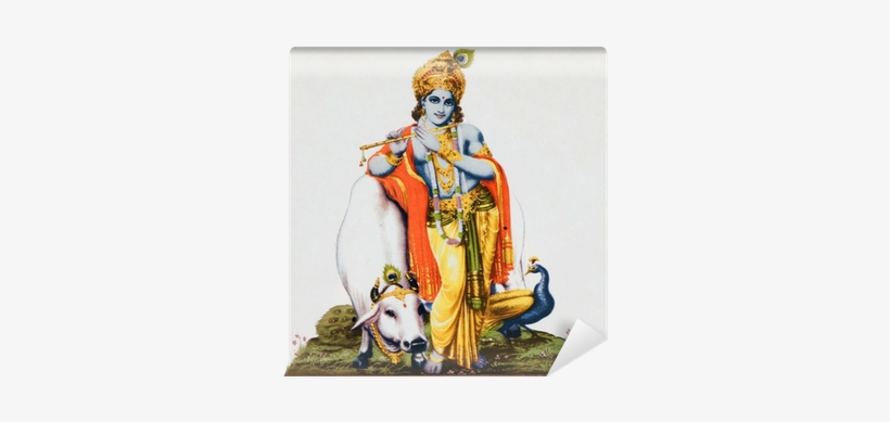 Image Of Hindu God Krishna With Cow, Peacock , Flute - Lord Krishna With Cow, transparent png #2550439