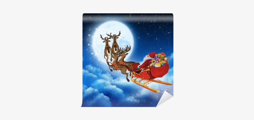 Santa Claus On Reindeer Flying Through The Sky Wall - Święty Mikołaj I Renifery, transparent png #2552827