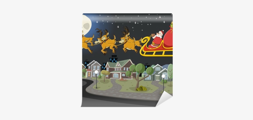 Santa Claus On Sleigh With Reindeer Flying Over Suburb - Rysunek Mikołaja W Saniach, transparent png #2552997