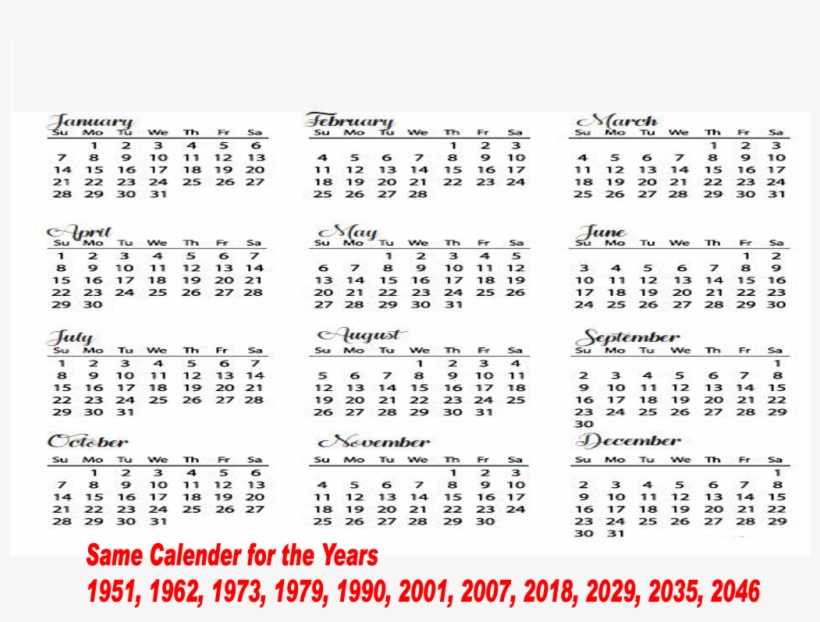 Same Calender For The Years 1951, 1962, 1973, 1979, - 1990 To 2018 How Many Years, transparent png #2561152