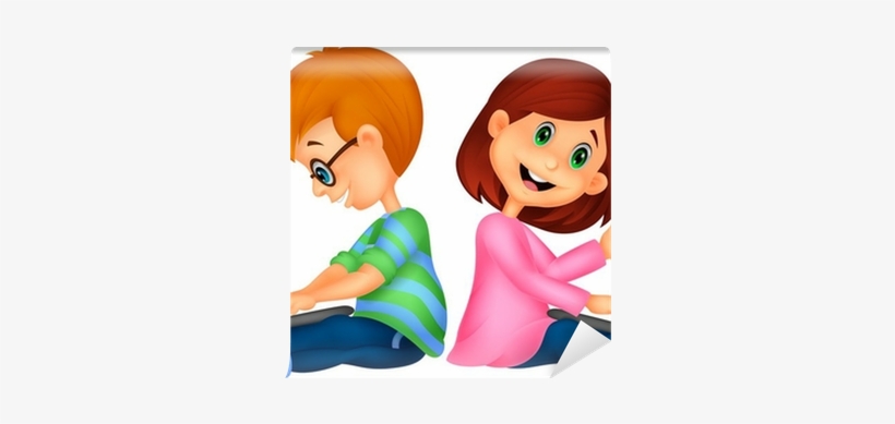 Happy Boy And Girl Operating Laptop Wall Mural • Pixers® - Girl With Laptop Cartoon, transparent png #2585949
