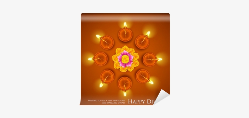 Decorated Diwali Diya On Flower Rangoli Wall Mural - Diwali Decorations With Flowers And Diya, transparent png #2594724