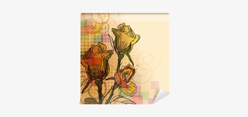 Vector Background With Roses And Golden Swirls Wall - Rose, transparent png #2597364