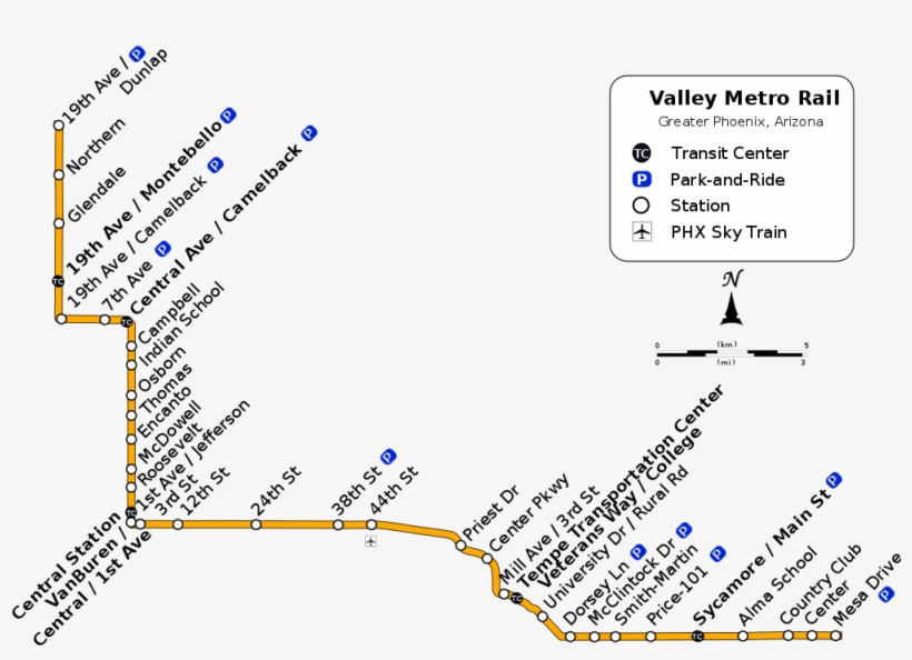 The Valley Metro Light Rail System Map Showing All - Phoenix Light Rail Map 2017, transparent png #2598756