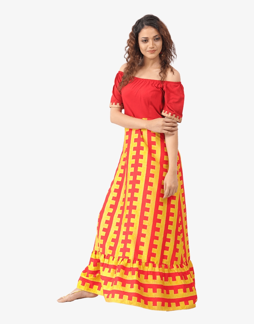 Bahubali 2 Red & Yellow Printed Rufescent Dress - Bahubali Dress, transparent png #264898