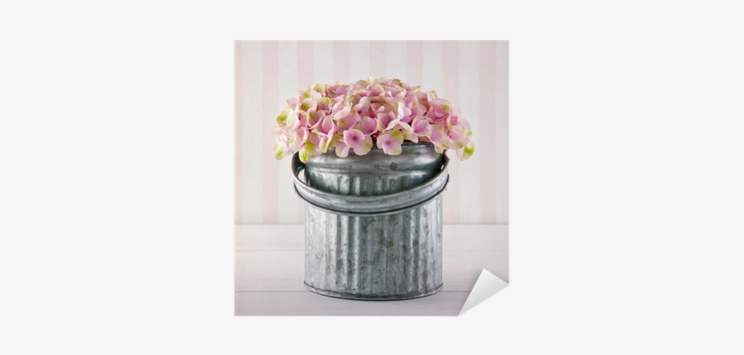 Pink Hydrangea Flowers In A Metal Bucket Sticker • - Toile Imprimée Fleurs 16 X 16 Cm. Seau Gris Et Fleurs, transparent png #2602240