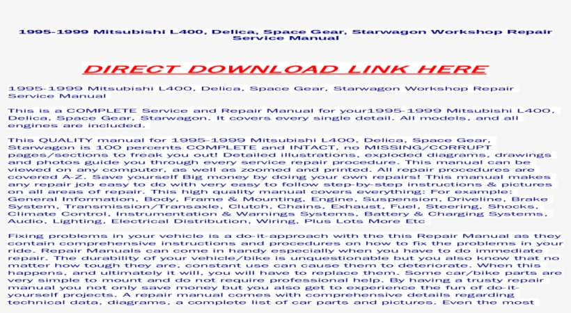 Mitsubishi Delica L400 Repair Manual Array - Mitsubishi Delica, transparent png #2605392