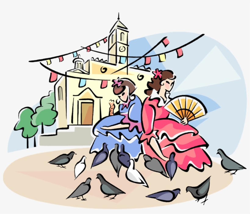 Vector Illustration Of Spanish Girls Feeding The Pigeon - Cartoon, transparent png #2613414