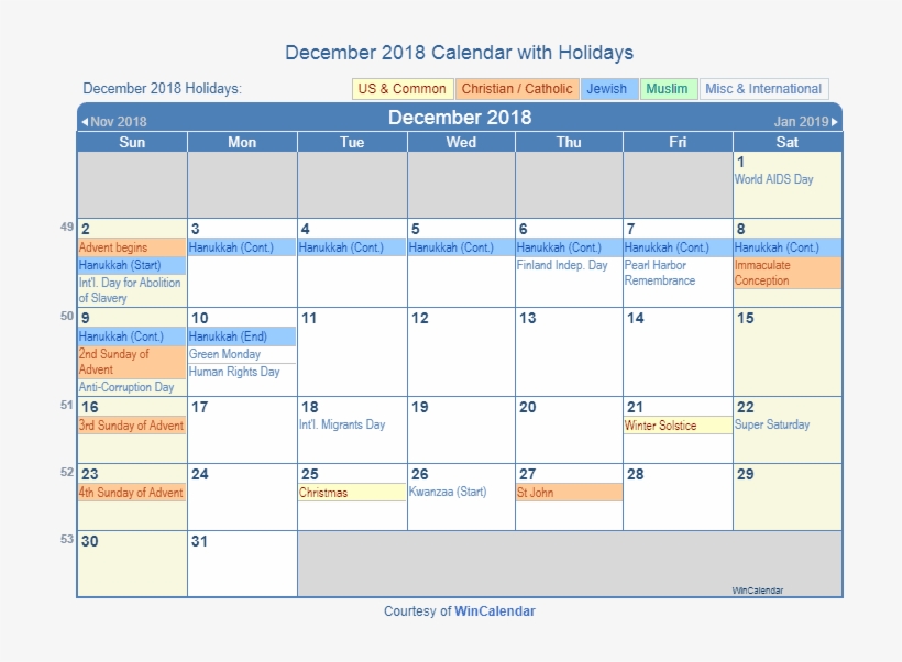 December 2018 Printable Calendar With Us Holidays - January 2019 Calendar With Holidays, transparent png #2616582