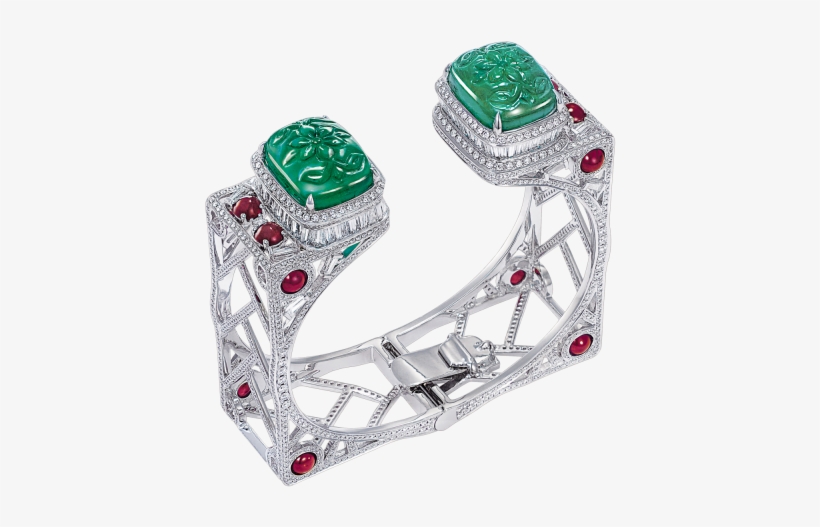 Carved Emerald, Ruby And Diamond Bangle - Ruby And Diamond Bangle, transparent png #2619046