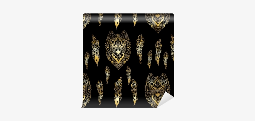 Seamless Pattern With Wolf And Feathers In Ethnic Style - Wallpaper, transparent png #2627601