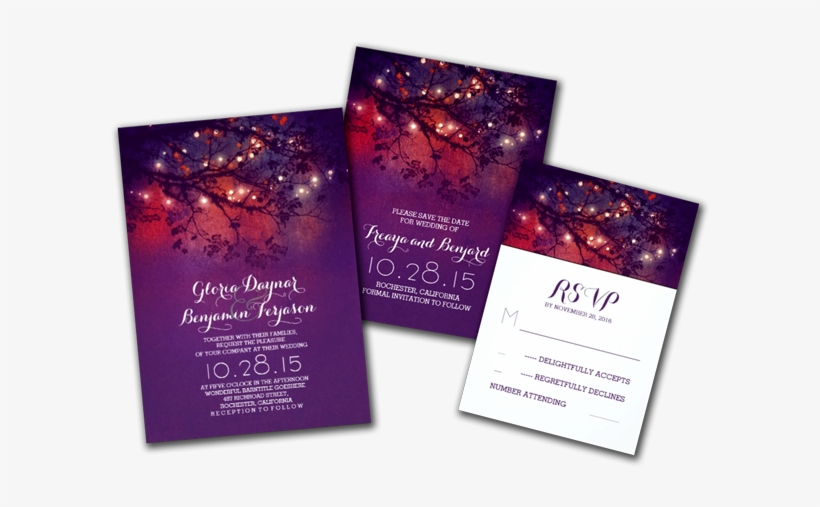 Rustic Tree Branches Purple String Lights Wedding Invitation - Romantische Schnur Beleuchtet Tafel Save The Date Postkarte, transparent png #2629551