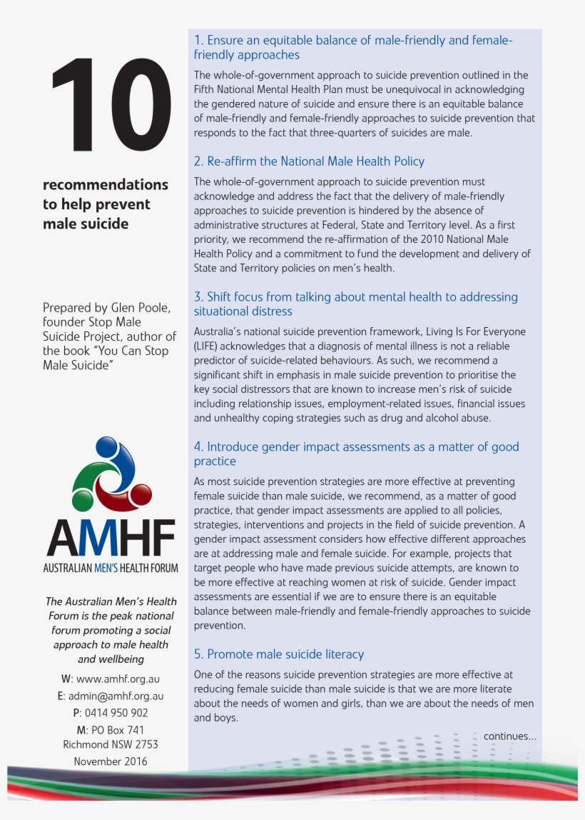 009 Kp04 10 Reccomendations To Prevent Male Suicide - Suicide, transparent png #2637797