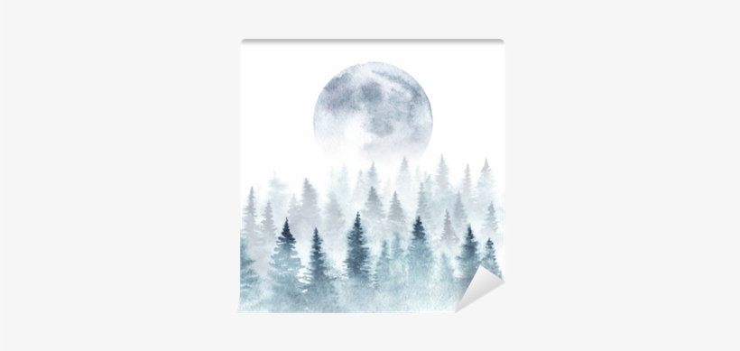 Landscape Of A Winter Forest And Rising Moon - Moon Watercolor Forest, transparent png #2664987