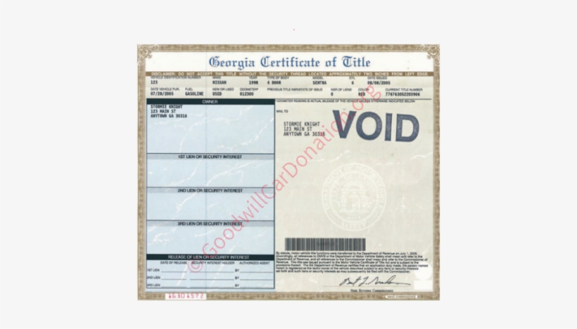 Ga Certificate Of Title 6 04 Front - Georgia Car Title, transparent png #2668416
