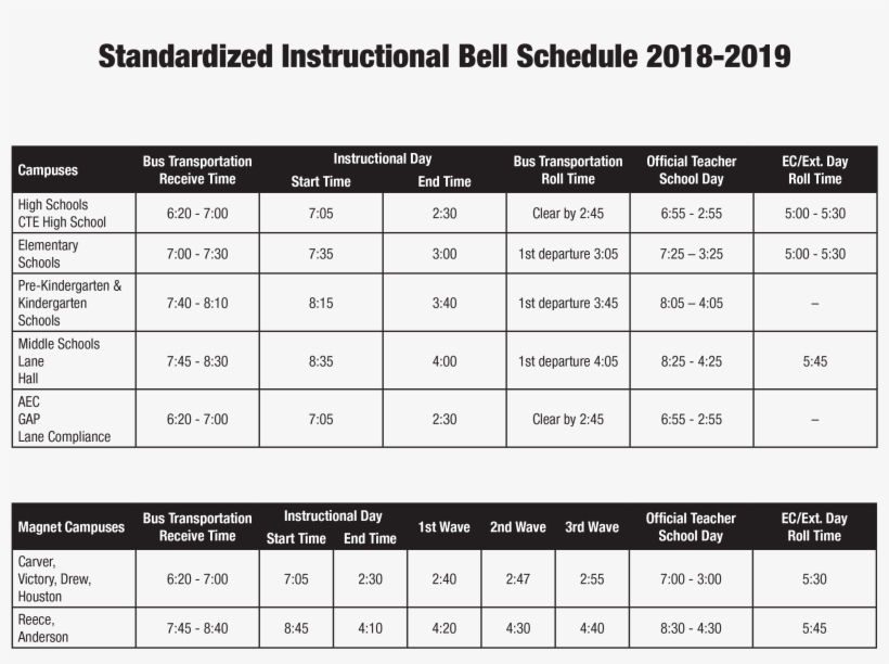 Standardized Instructional Bell Schedule 2018-2019 - Aldine, transparent png #2668455