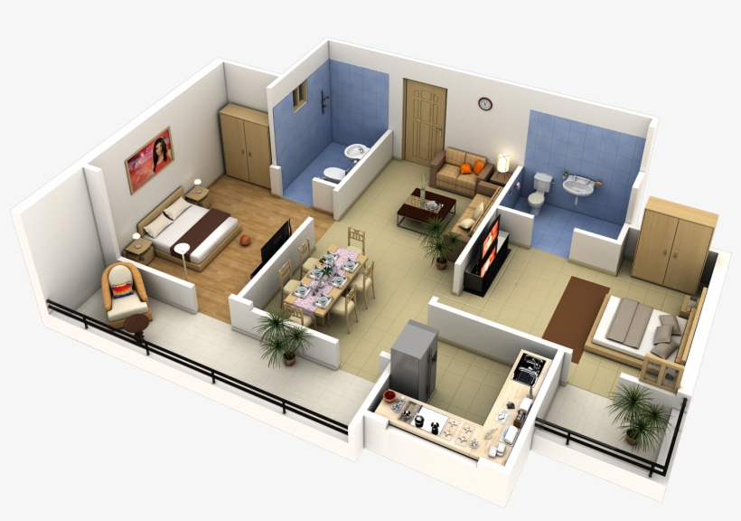 Excellent Floor Plans In 3d On Floor With Two Bedroom