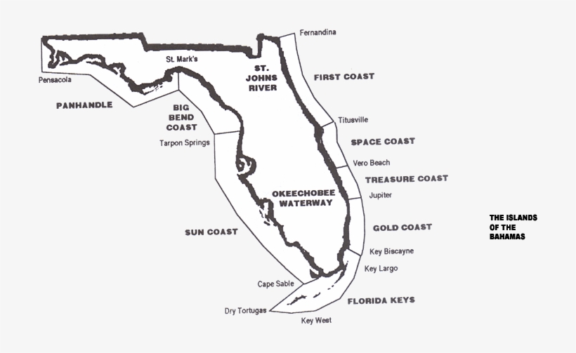 Florida Map With Coast Dessignations1 - Florida Icw, transparent png #2671736