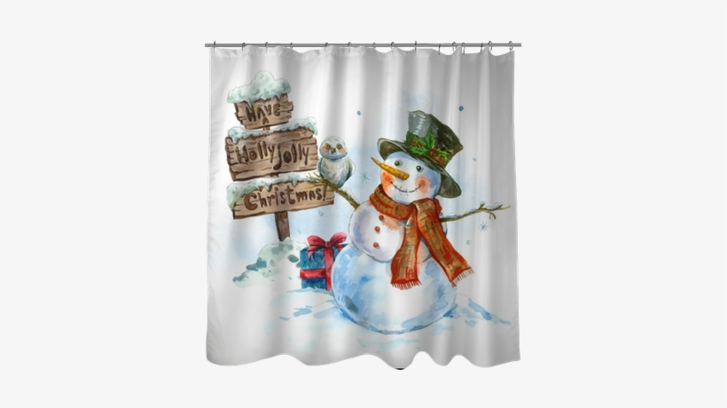 Watercolor Greeting Card With Snowman Shower Curtain - Watercolor Christmas Cards With Snowman, transparent png #274869