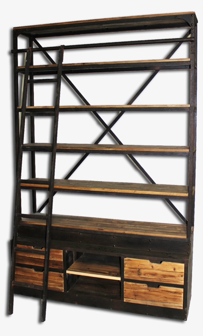 Bookcase With Ladder Natural Reclaimed Pine With Iron - Harris Furniture Th-136 Bookcase With Ladder, transparent png #2726286