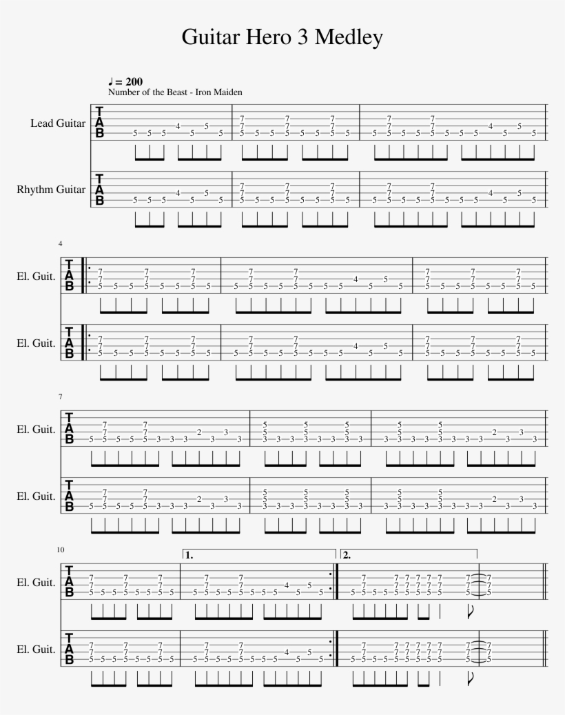 Guitar Hero 3 Medley Sheet Music 1 Of 4 Pages - Sheet Music, transparent png #2762533