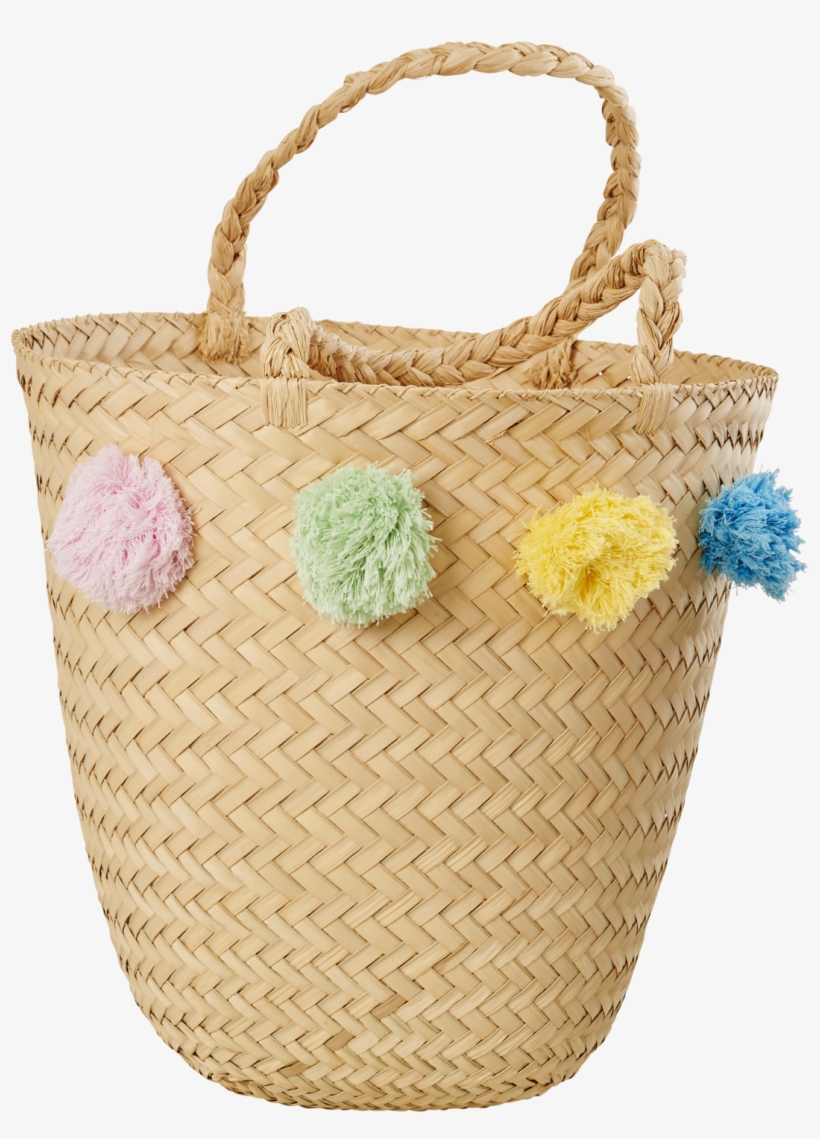 Natural Raffia Beach Bag With Pom Poms, transparent png #2776336