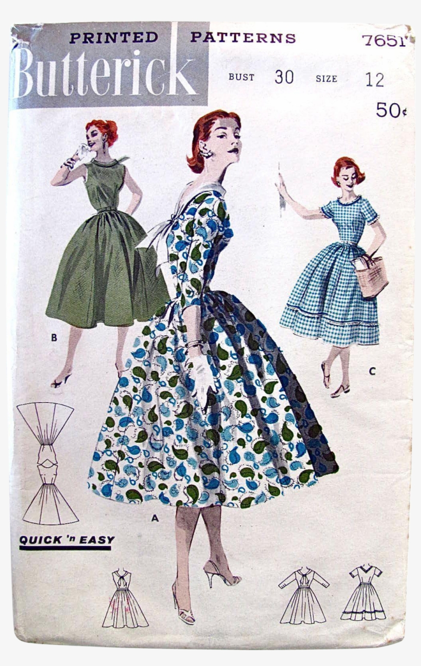 1956 Vintage Misses Full Skirt Dress, Butterick 7651, - Patterns, transparent png #2780447