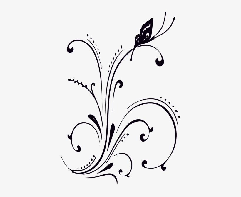 Black And White Butterfly And Scrolls Clip Art At Clker - Clipart Flowers And Butterflies Black And White, transparent png #2790347