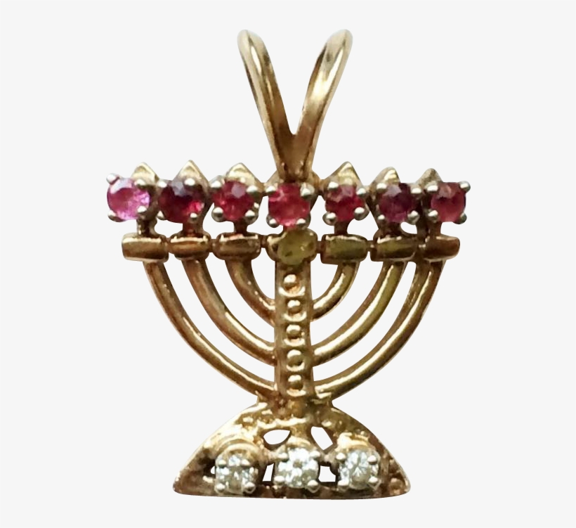 Judaica 14k Gold Jeweled Menorah Charm / Pendant - Hanukkah, transparent png #2792573