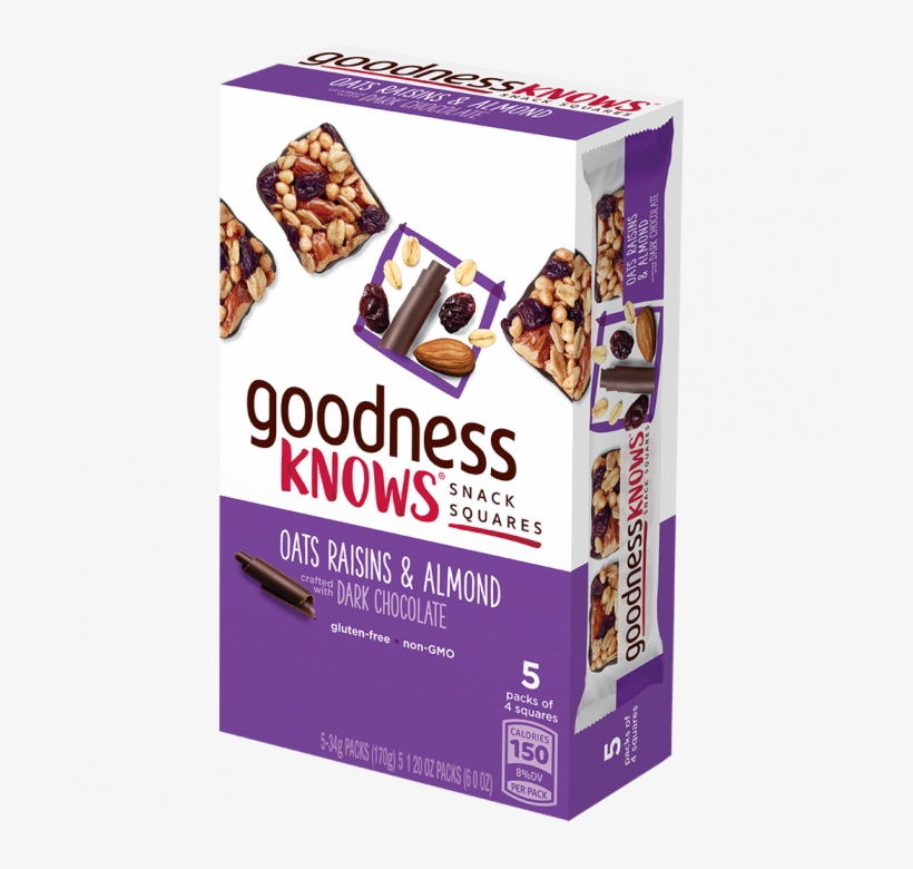 Oats, Raisins & Almond, Dark Chocolate, 5 Count Box - Goodnessknows: Snack Squares - Cranberry, Almond, Dark, transparent png #2821718
