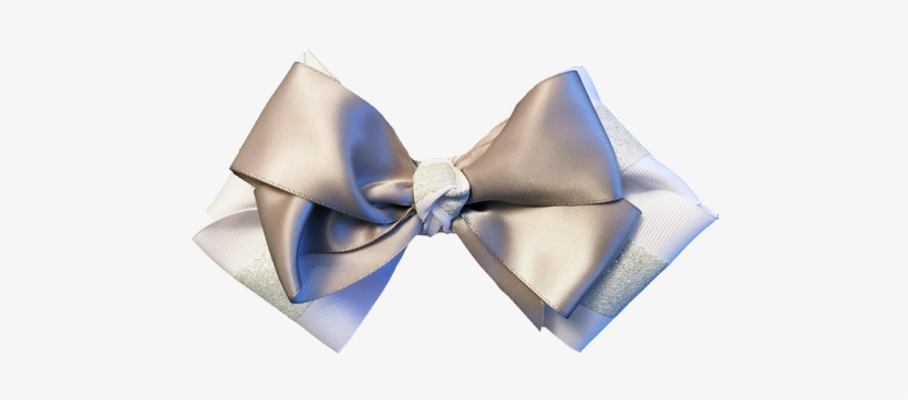 Double White With Glitter Striped Hair Bow With Silver - Satin, transparent png #2822064