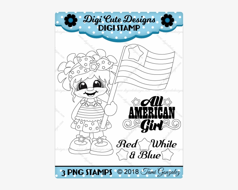 All American Girl Digi Stamp-4th Of July, Flag, Independence - Cartoon, transparent png #2830329
