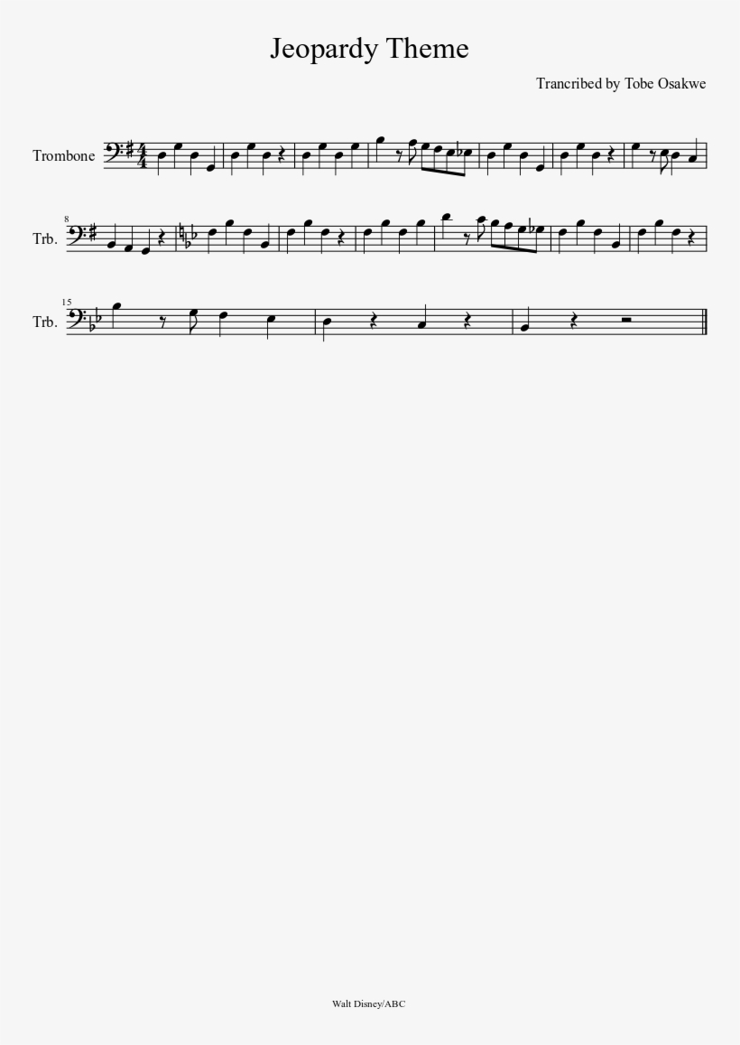 Jeopardy Theme Sheet Music Composed By Trancribed By - Jeopardy Trombone Sheet Music, transparent png #2832108