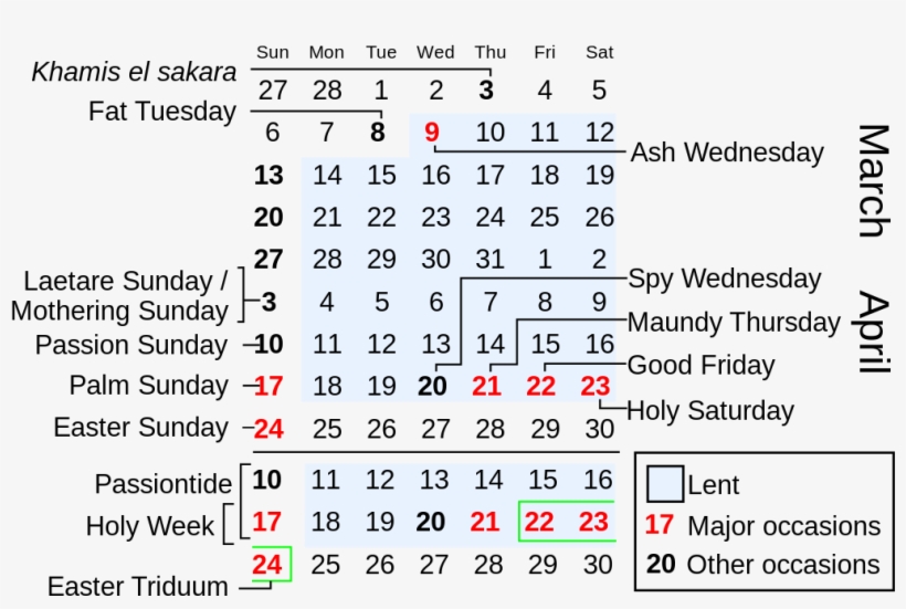 Lent In March-april - 2011 Calendar With Holidays, transparent png #2847350