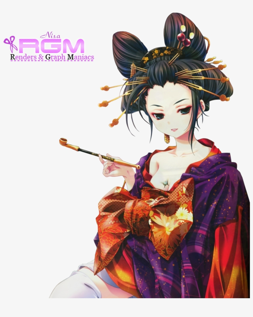 Geisha Fille Maquillage Kimono Barettes Chignon Render - Japan Sexy Geisha Anime, transparent png #2863710