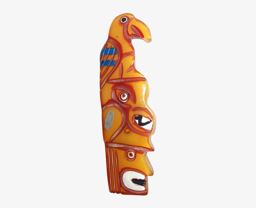 Bakelite Indian Totem Pole Brooch Carved And Painted - Brooch, transparent png #2865060