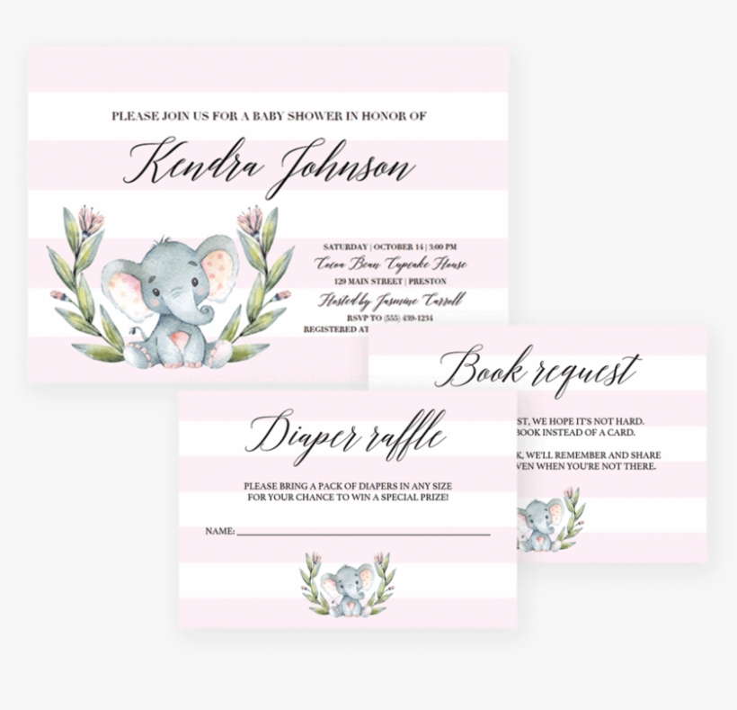 Pink And White Striped Baby Shower Invitation Templates - 50 Pink Watercolour Floral Elephant Baby Shower Thank, transparent png #2866612