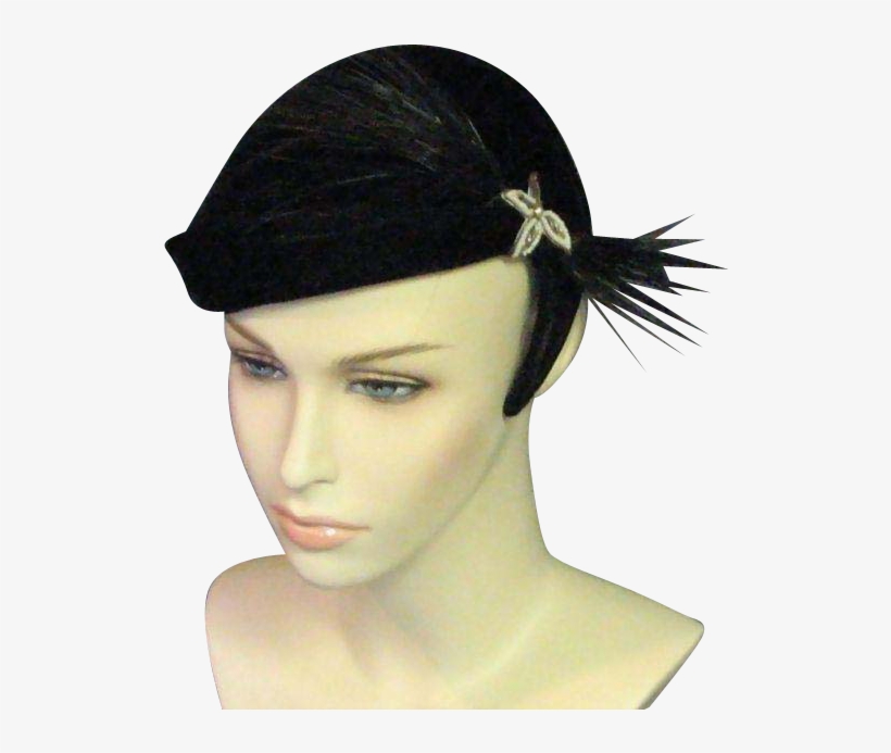 Beautiful 1950's Clip Black Velvet Hat - Headpiece, transparent png #2869385