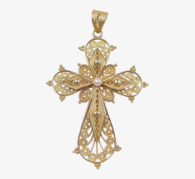 Vintage 18k Gold Filigree Cross Pendant With Cultured - Transparent Background Crucifix Png, transparent png #2869539