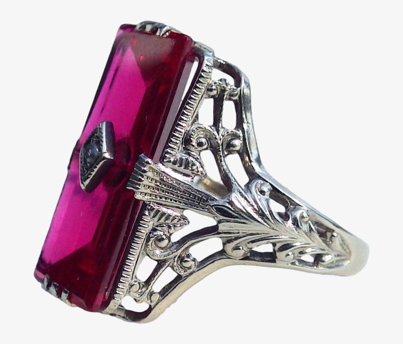 Large Emerald Cut 14k White Gold Ruby Diamond Filigree, transparent png #2869729