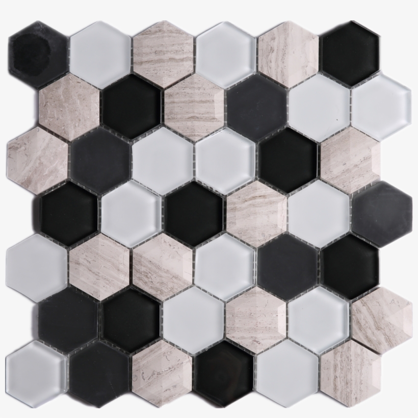 3d Honeycomb Hexagon Wooden Grey With Black & White - Glass Mosaic, transparent png #2870618