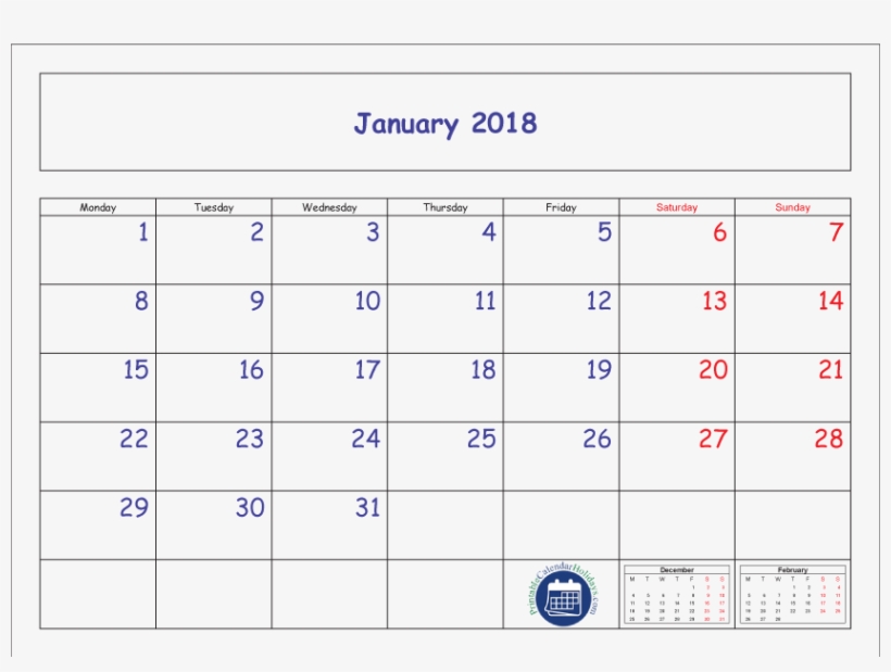 January Calendar 2018 Printable Template Pdf, Jpg - 2018 Calendar Template  See Transparent - Free Transparent PNG Download - PNGkey
